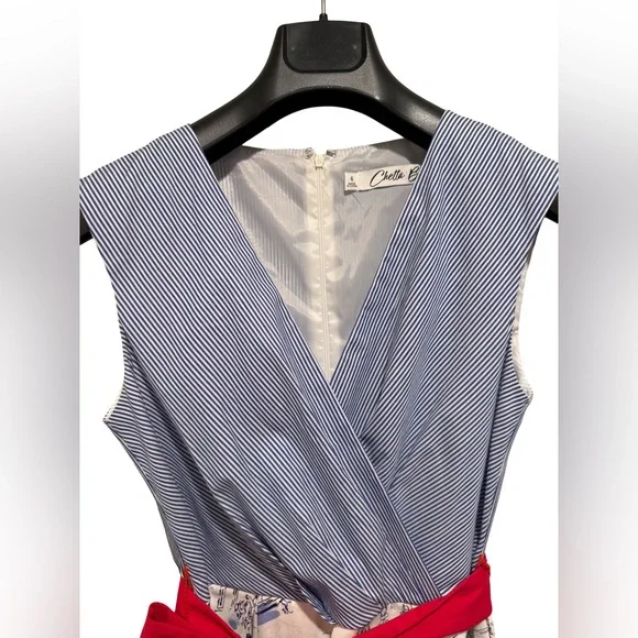Chetta B EUC Size 6 Blue & White Paris Themed Sleeveless Retro Mini Dress (0676) - Picture 3 of 13